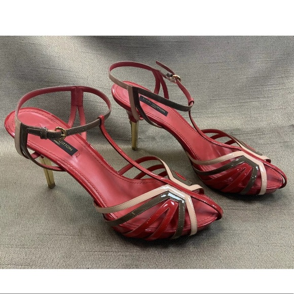 Louis Vuitton Red/Gold Heel Open Toe Sandal Heels - Picture 1 of 9